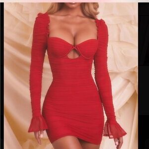 Oh Polly Ruched Mesh Cut Out Mini Dress in Red